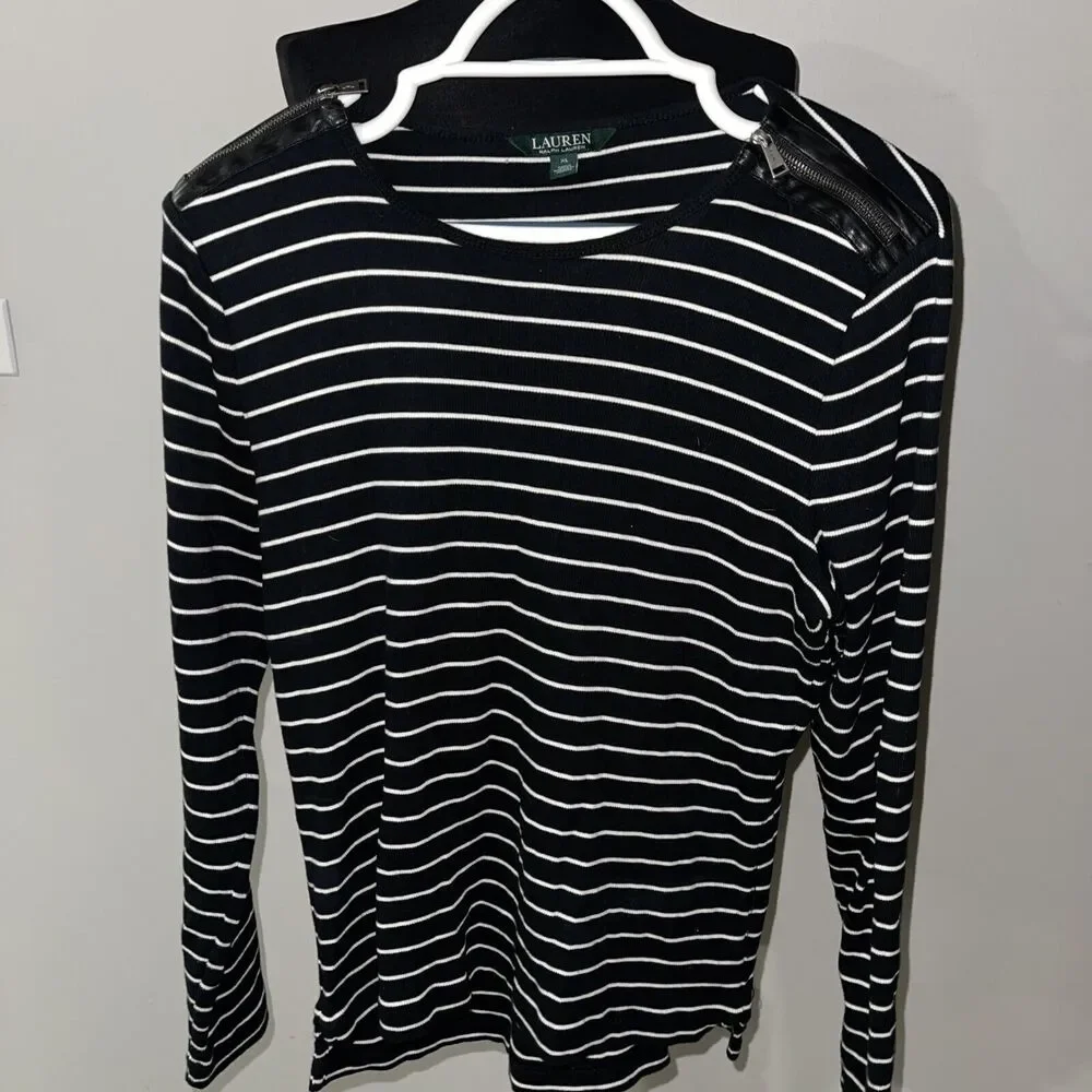 LAUREN Ralph Lauren Knit Top Womens XL Zipper Shoulder LS Ribbed Sweater